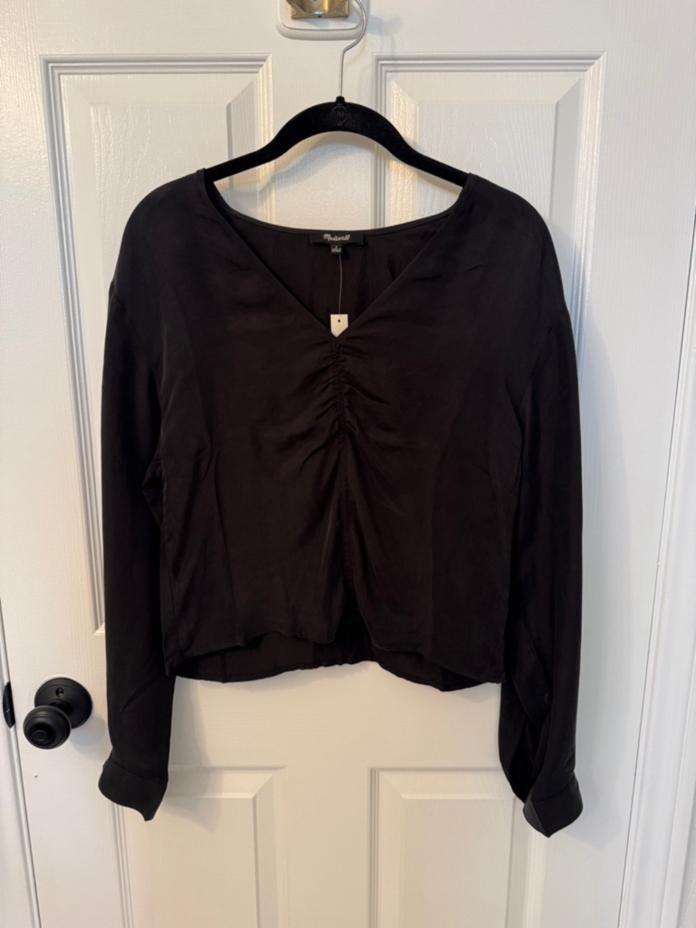 Madewell Black Ruched V-Neck Long Sleeve Top